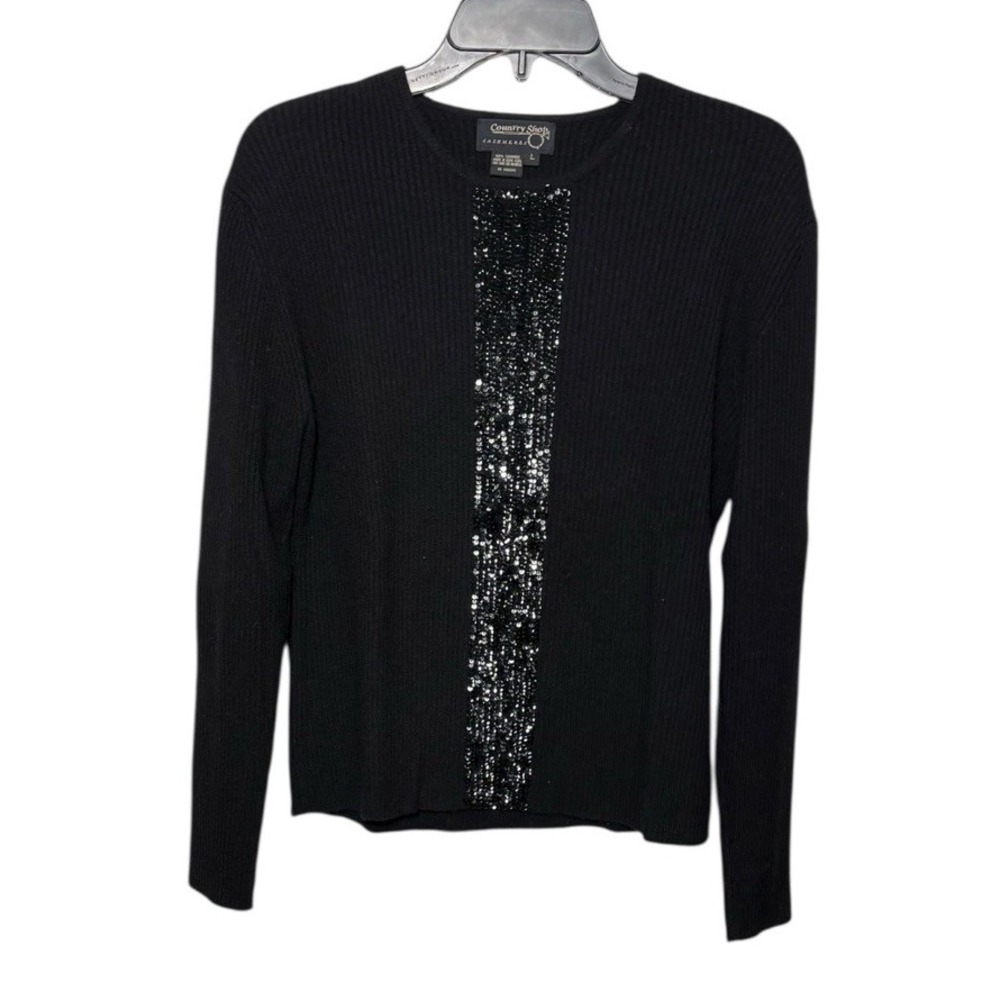 Country Shop 100% Cashmere Black Sweater‎ With Sequin Stripe Size Large